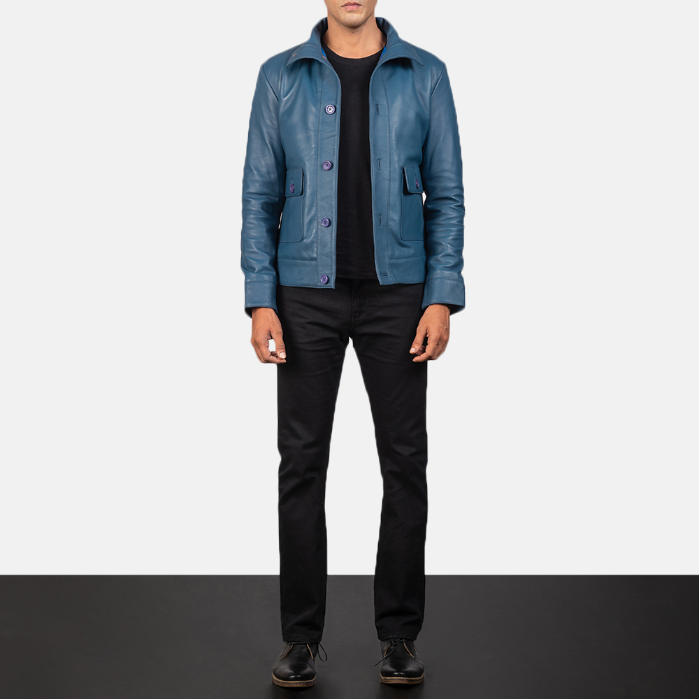 Blue leather 2025 bomber jacket